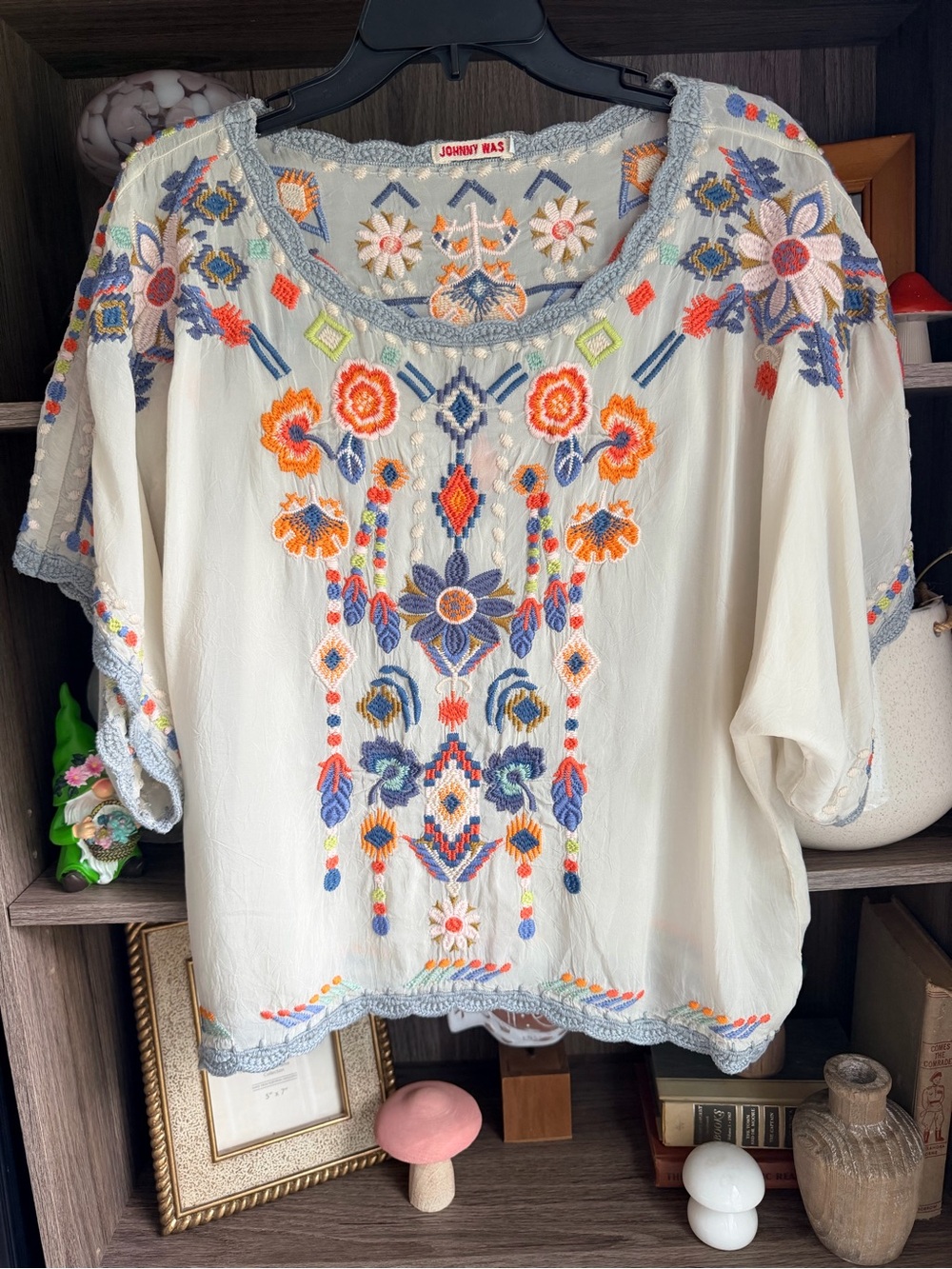 Johnny Was Cream Embroidered Boho Peasant Top with Orange & Blue Accents
